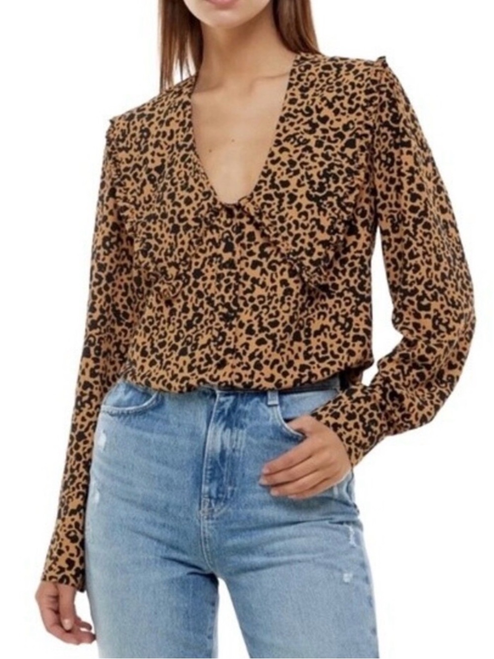 WAYF Esther Cheetah Print Peter Pan Collar Blouse Top Size Small